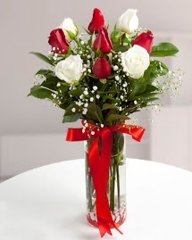 5 kırmızı 4 beyaz gül vazoda  Manisa çiçek gönderme 