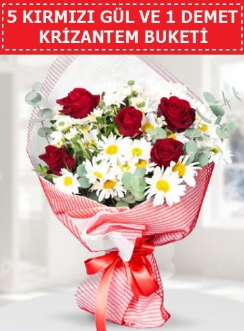 5 adet kırmızı gül ve krizantem buketi  Manisa hediye sevgilime hediye çiçek 